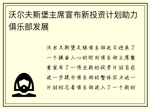 沃尔夫斯堡主席宣布新投资计划助力俱乐部发展