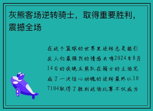 灰熊客场逆转骑士，取得重要胜利，震撼全场