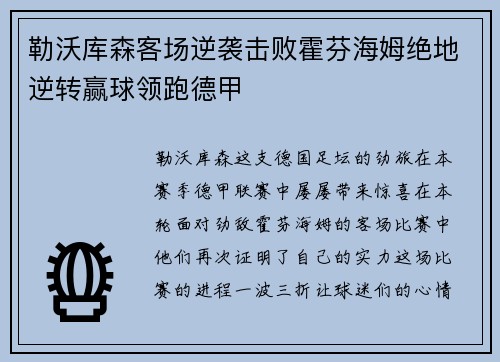 勒沃库森客场逆袭击败霍芬海姆绝地逆转赢球领跑德甲