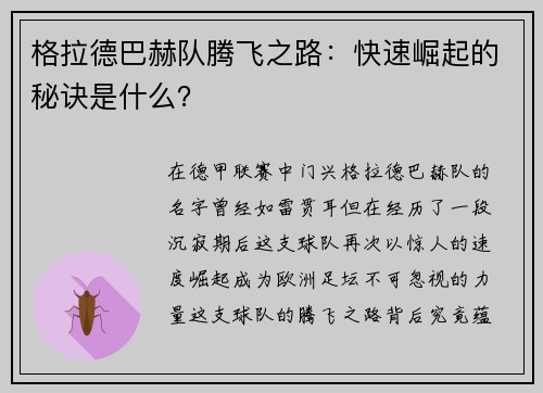 格拉德巴赫队腾飞之路：快速崛起的秘诀是什么？