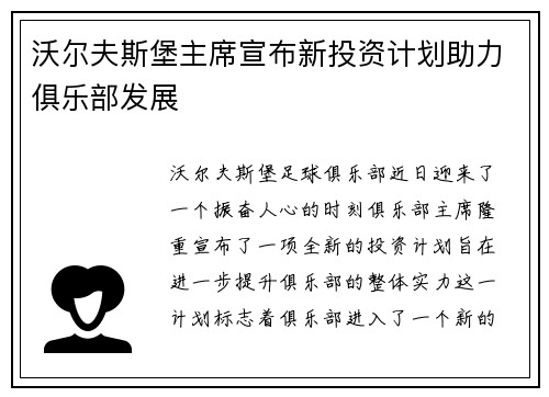 沃尔夫斯堡主席宣布新投资计划助力俱乐部发展