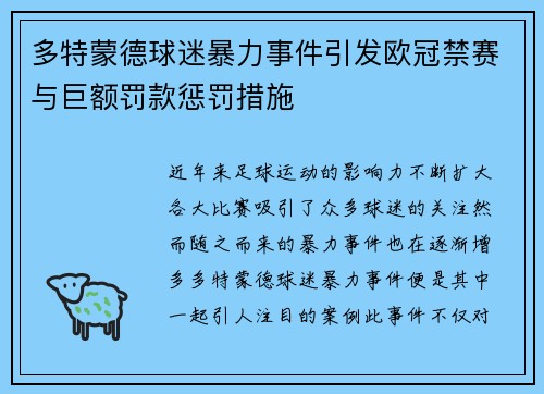 多特蒙德球迷暴力事件引发欧冠禁赛与巨额罚款惩罚措施