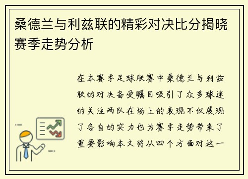 桑德兰与利兹联的精彩对决比分揭晓赛季走势分析