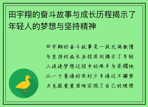 田宇翔的奋斗故事与成长历程揭示了年轻人的梦想与坚持精神