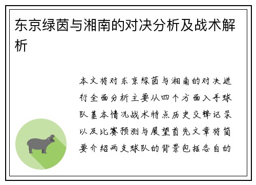 东京绿茵与湘南的对决分析及战术解析