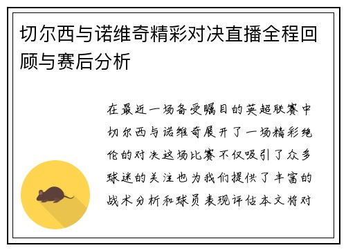 切尔西与诺维奇精彩对决直播全程回顾与赛后分析