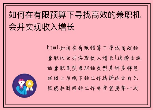 如何在有限预算下寻找高效的兼职机会并实现收入增长