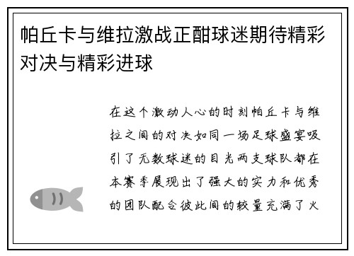 帕丘卡与维拉激战正酣球迷期待精彩对决与精彩进球
