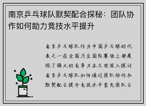南京乒乓球队默契配合探秘：团队协作如何助力竞技水平提升