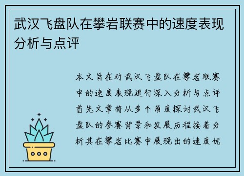 武汉飞盘队在攀岩联赛中的速度表现分析与点评
