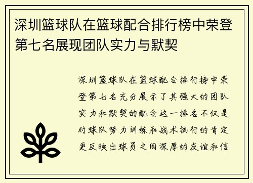 深圳篮球队在篮球配合排行榜中荣登第七名展现团队实力与默契