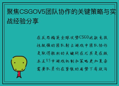 聚焦CSGOV5团队协作的关键策略与实战经验分享
